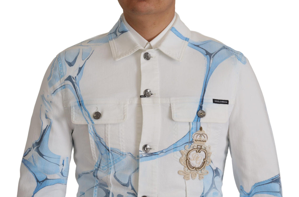Dolce & Gabbana White Cotton Denim Jacket with Logo Embroidery