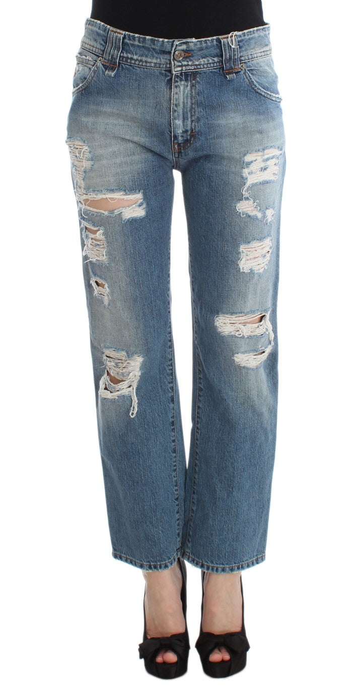 John Galliano Blue Washed Cotton Boyfriend-Fit Cropped Jeans