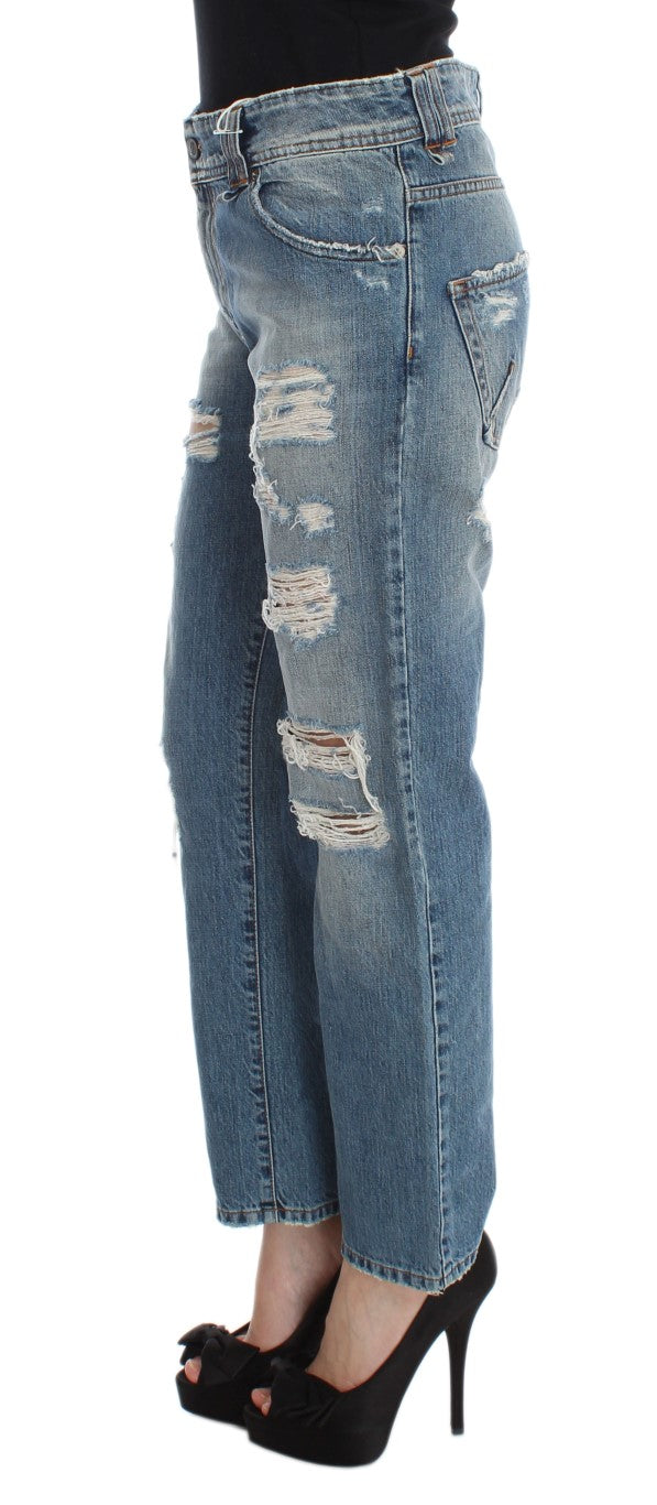 John Galliano Blue Washed Cotton Boyfriend-Fit Cropped Jeans