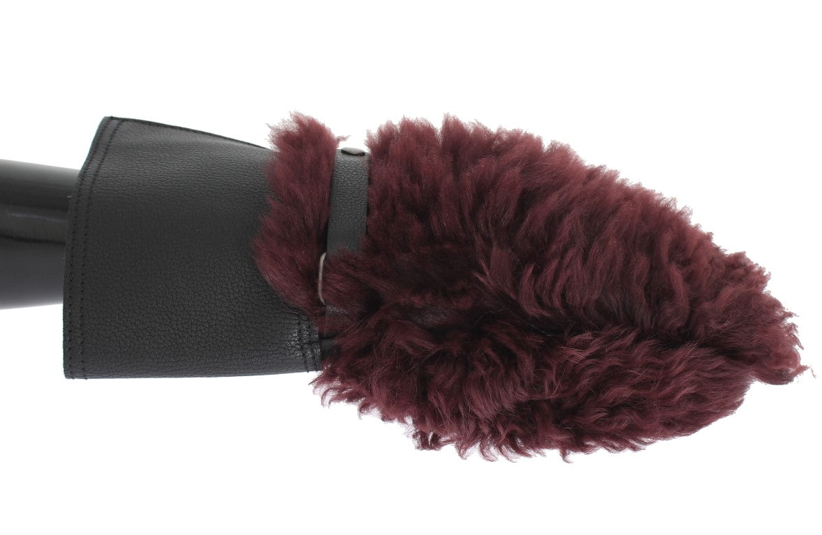 Dolce & Gabbana Black Leather Burgundy Shearling Gloves