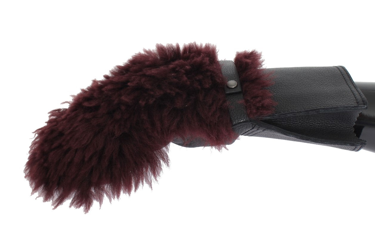 Dolce & Gabbana Black Leather Burgundy Shearling Gloves