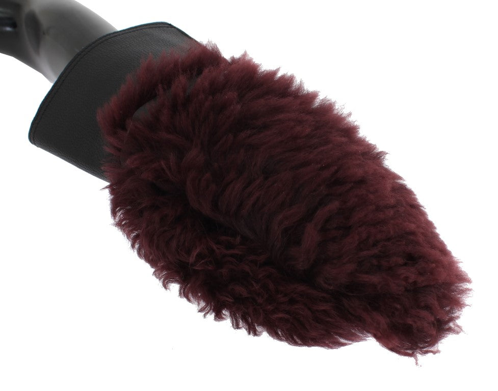 Dolce & Gabbana Black Leather Burgundy Shearling Gloves