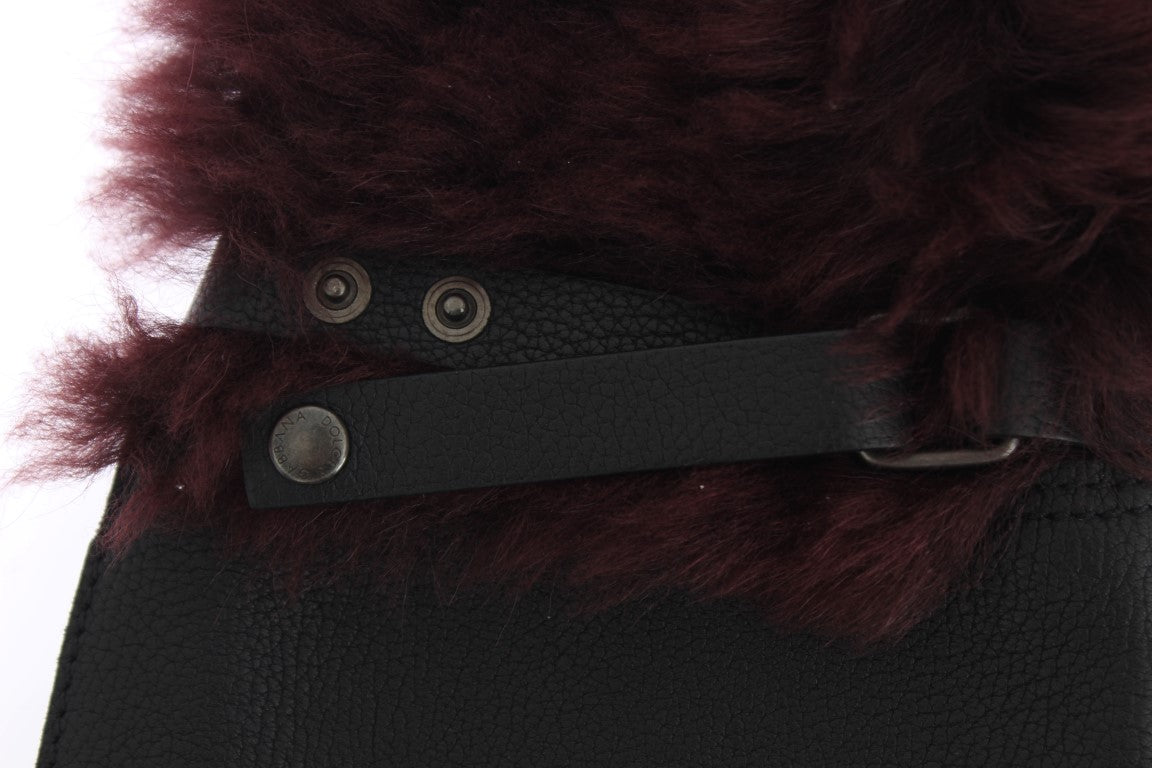 Dolce & Gabbana Black Leather Burgundy Shearling Gloves