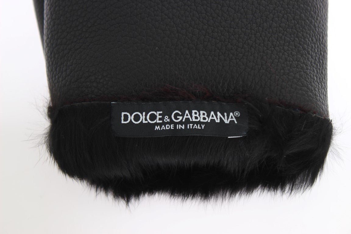 Dolce & Gabbana Black Leather Burgundy Shearling Gloves