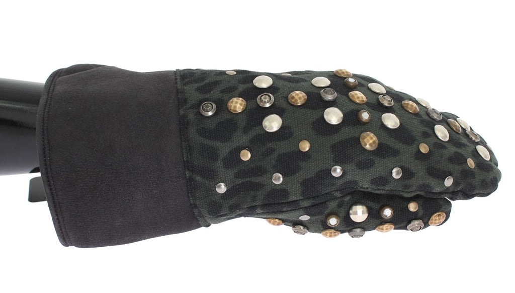 Dolce & Gabbana Grey Studded Wool Shearling Gloves with Green Leopard Print