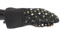 Dolce & Gabbana Grey Studded Wool Shearling Gloves with Green Leopard Print