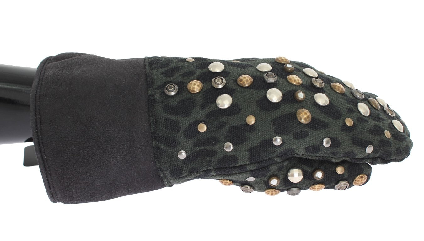 Dolce & Gabbana Grey Studded Wool Shearling Gloves with Green Leopard Print