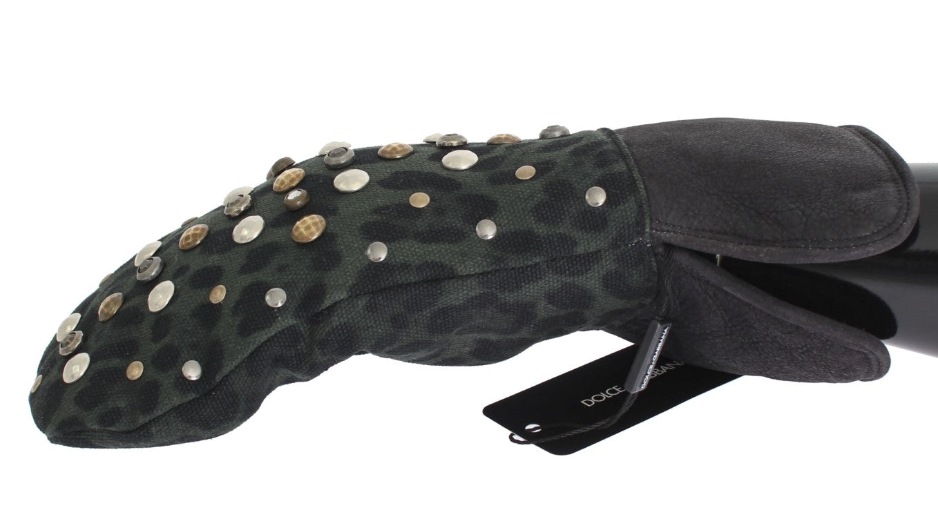 Dolce & Gabbana Grey Studded Wool Shearling Gloves with Green Leopard Print