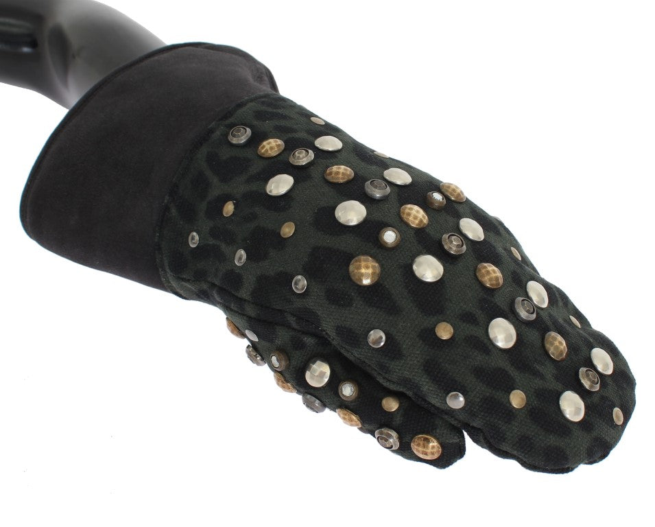Dolce & Gabbana Grey Studded Wool Shearling Gloves with Green Leopard Print