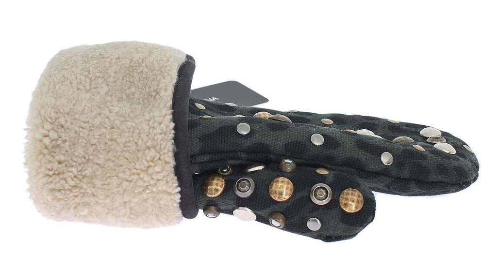 Dolce & Gabbana Grey Studded Wool Shearling Gloves with Green Leopard Print