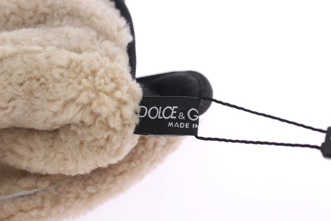 Dolce & Gabbana Grey Studded Wool Shearling Gloves with Green Leopard Print