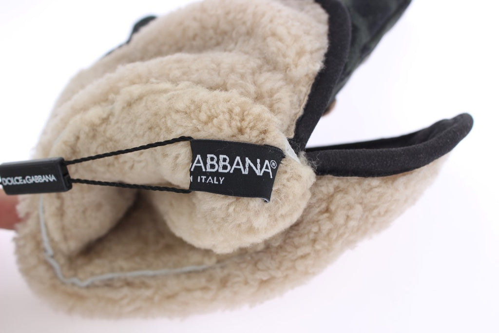 Dolce & Gabbana Grey Studded Wool Shearling Gloves with Green Leopard Print