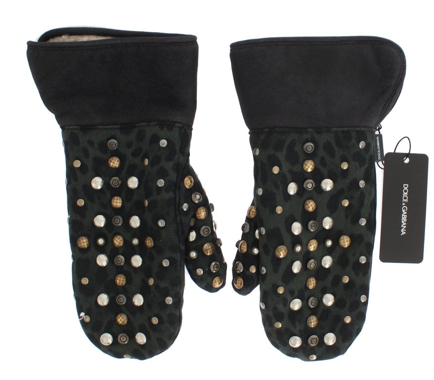 Dolce & Gabbana Grey Studded Wool Shearling Gloves with Green Leopard Print