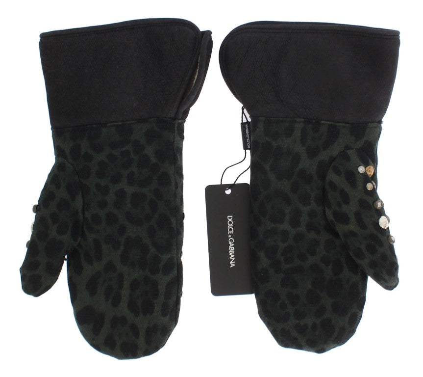 Dolce & Gabbana Grey Studded Wool Shearling Gloves with Green Leopard Print