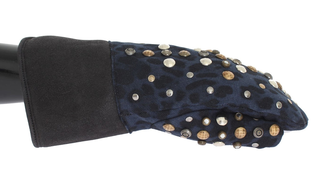 Dolce & Gabbana Grey Studded Wool Shearling Gloves with Blue Leopard Print