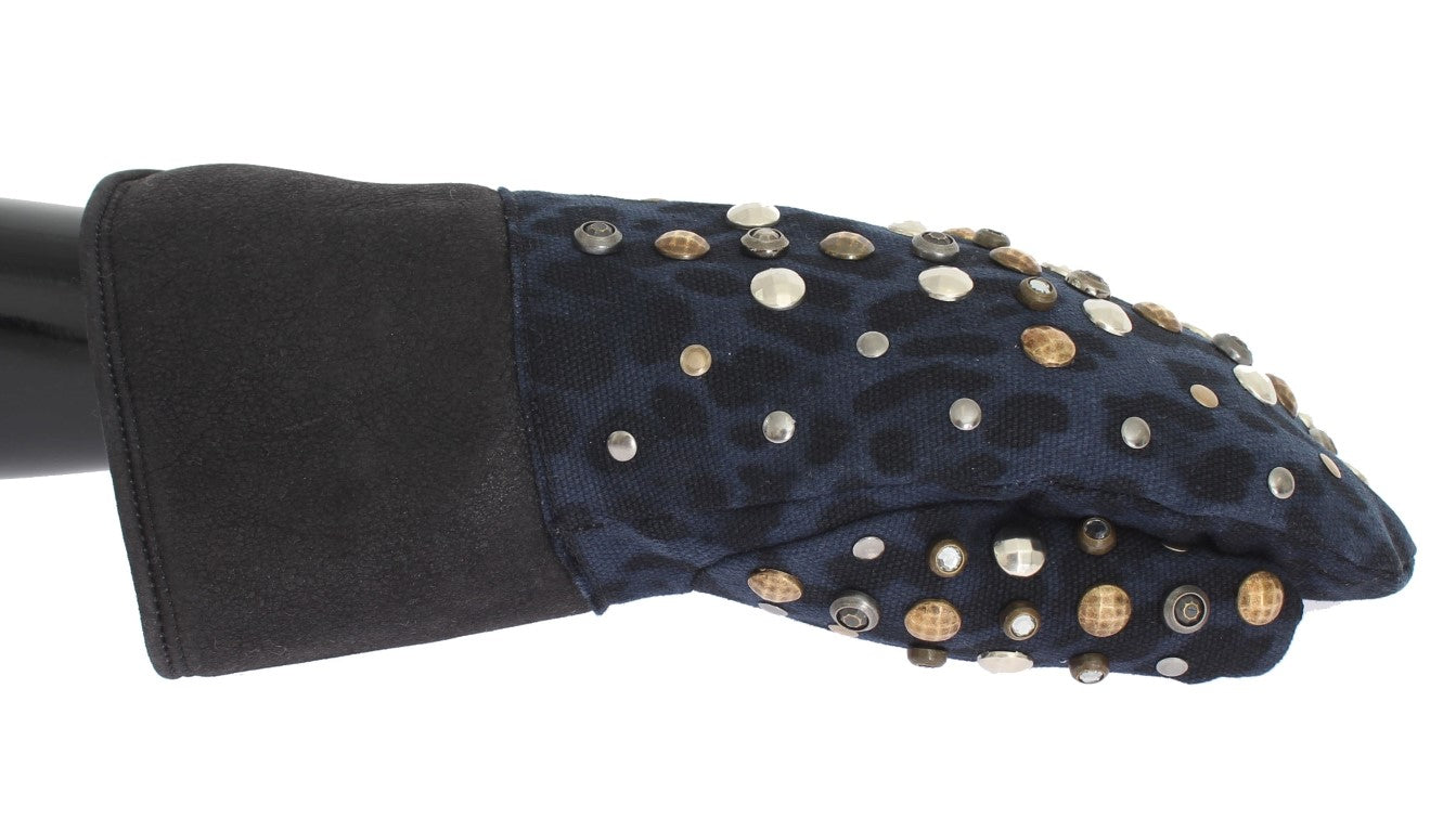 Dolce & Gabbana Grey Studded Wool Shearling Gloves with Blue Leopard Print