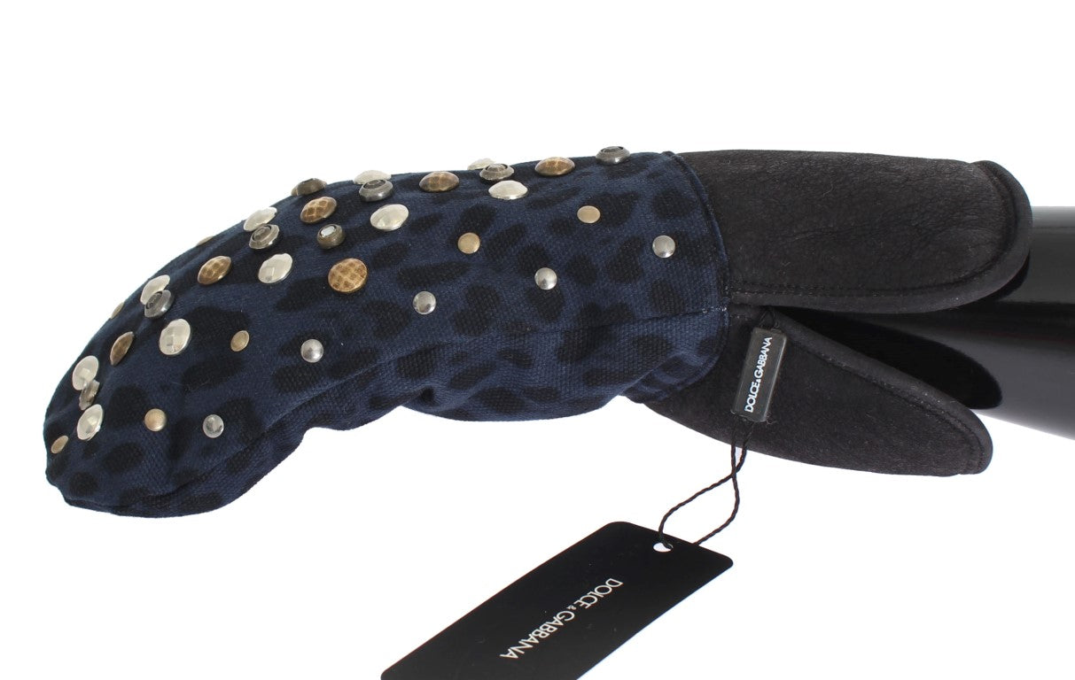 Dolce & Gabbana Grey Studded Wool Shearling Gloves with Blue Leopard Print
