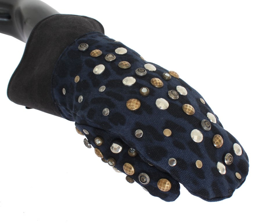 Dolce & Gabbana Grey Studded Wool Shearling Gloves with Blue Leopard Print