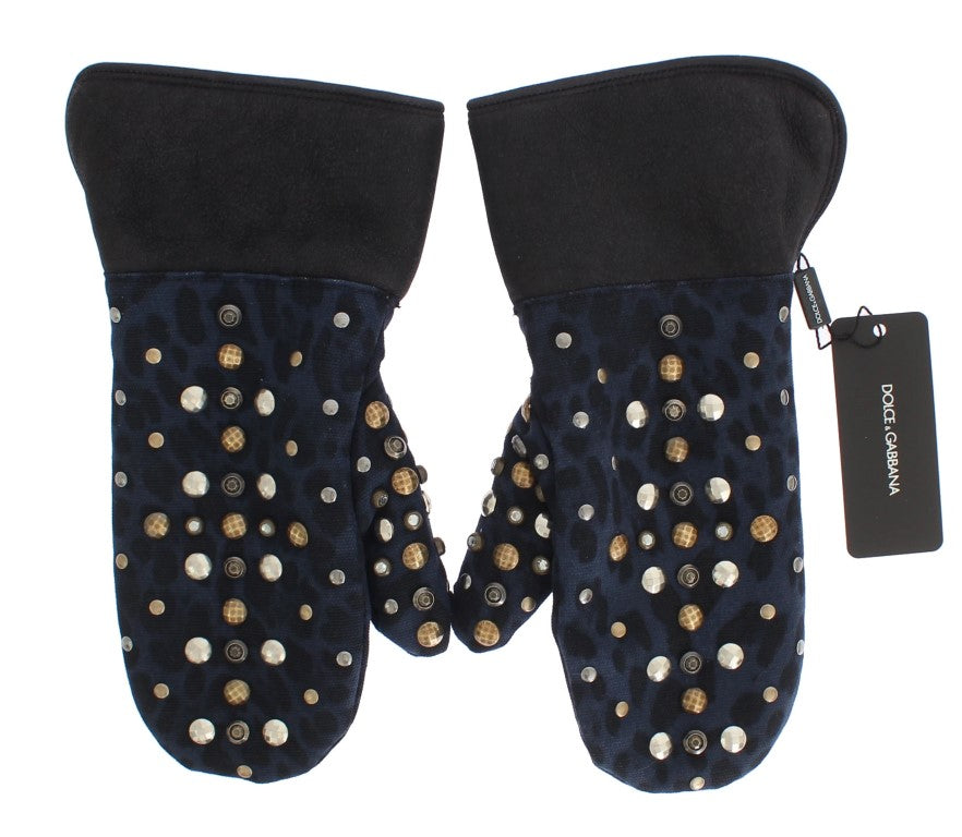 Dolce & Gabbana Grey Studded Wool Shearling Gloves with Blue Leopard Print