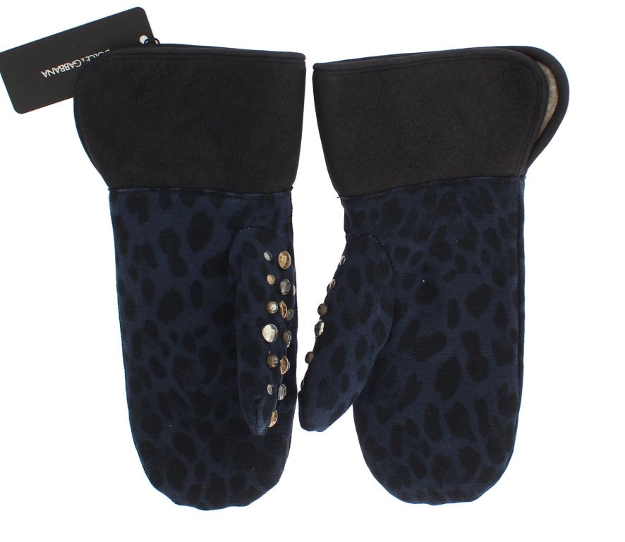 Dolce & Gabbana Grey Studded Wool Shearling Gloves with Blue Leopard Print