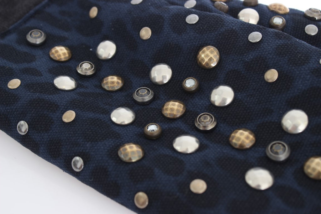 Dolce & Gabbana Grey Studded Wool Shearling Gloves with Blue Leopard Print