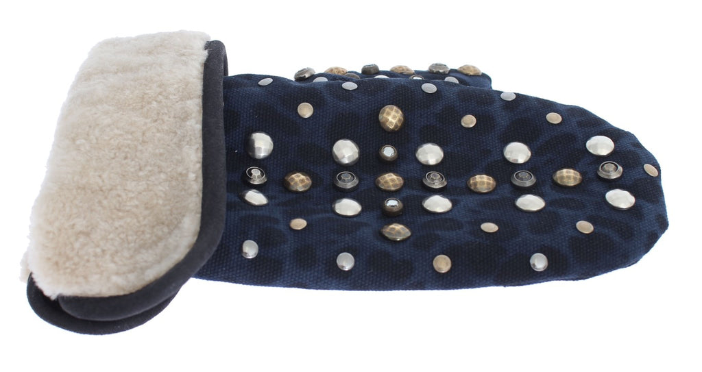 Dolce & Gabbana Grey Studded Wool Shearling Gloves with Blue Leopard Print