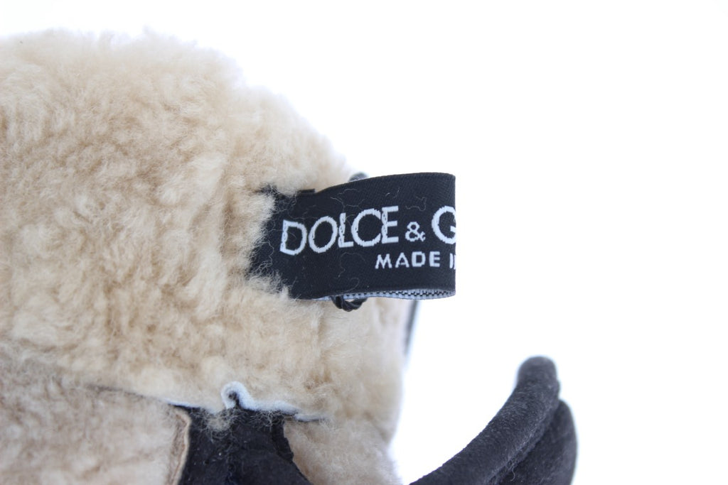 Dolce & Gabbana Grey Studded Wool Shearling Gloves with Blue Leopard Print