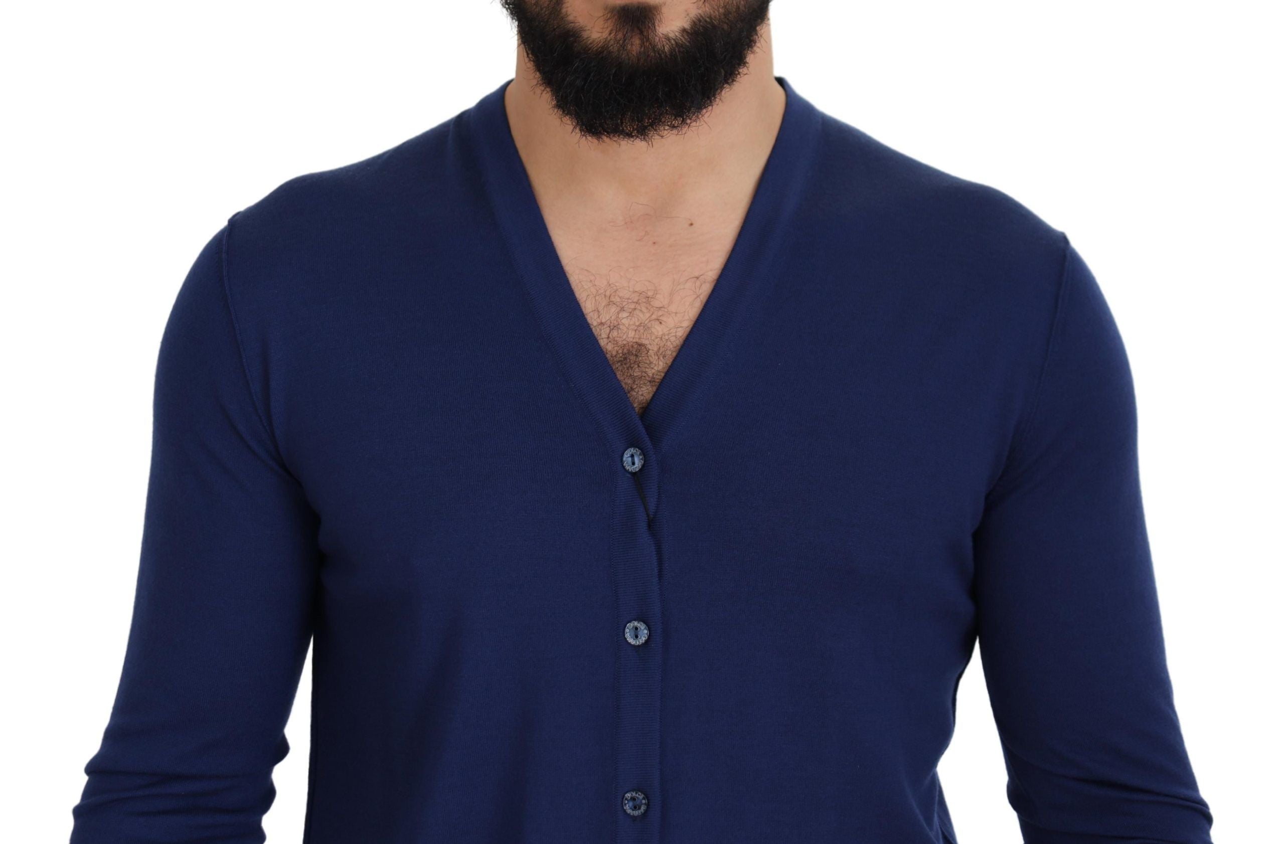 Dolce & Gabbana Blue V-Neck Wool Cardigan with Button Placket