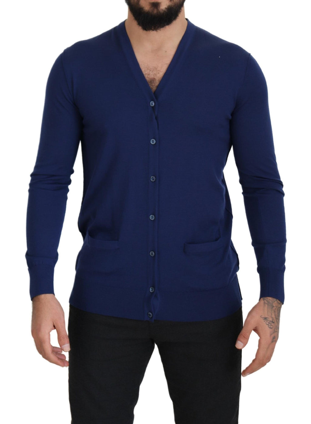 Dolce & Gabbana Blue V-Neck Wool Cardigan with Button Placket