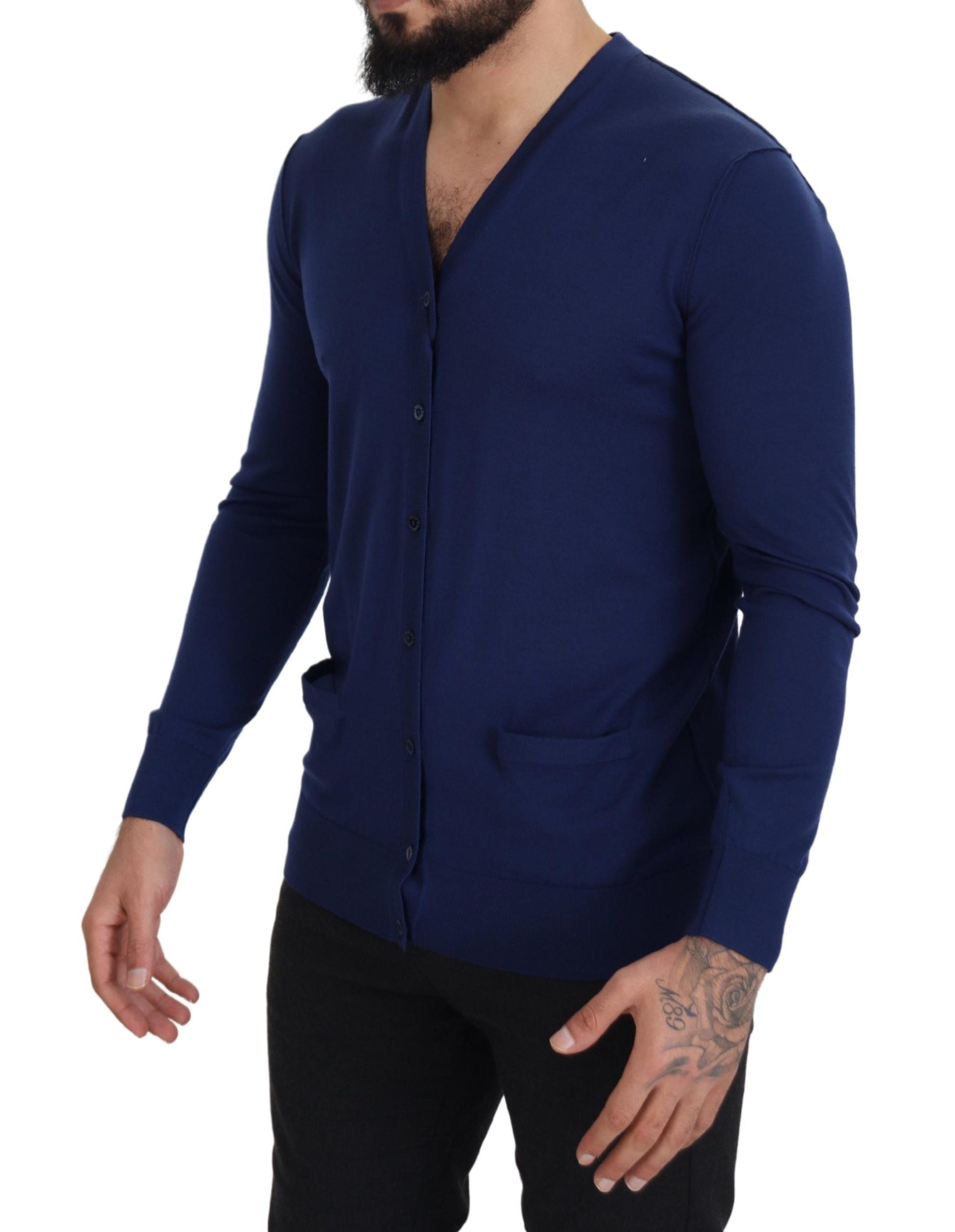 Dolce & Gabbana Blue V-Neck Wool Cardigan with Button Placket