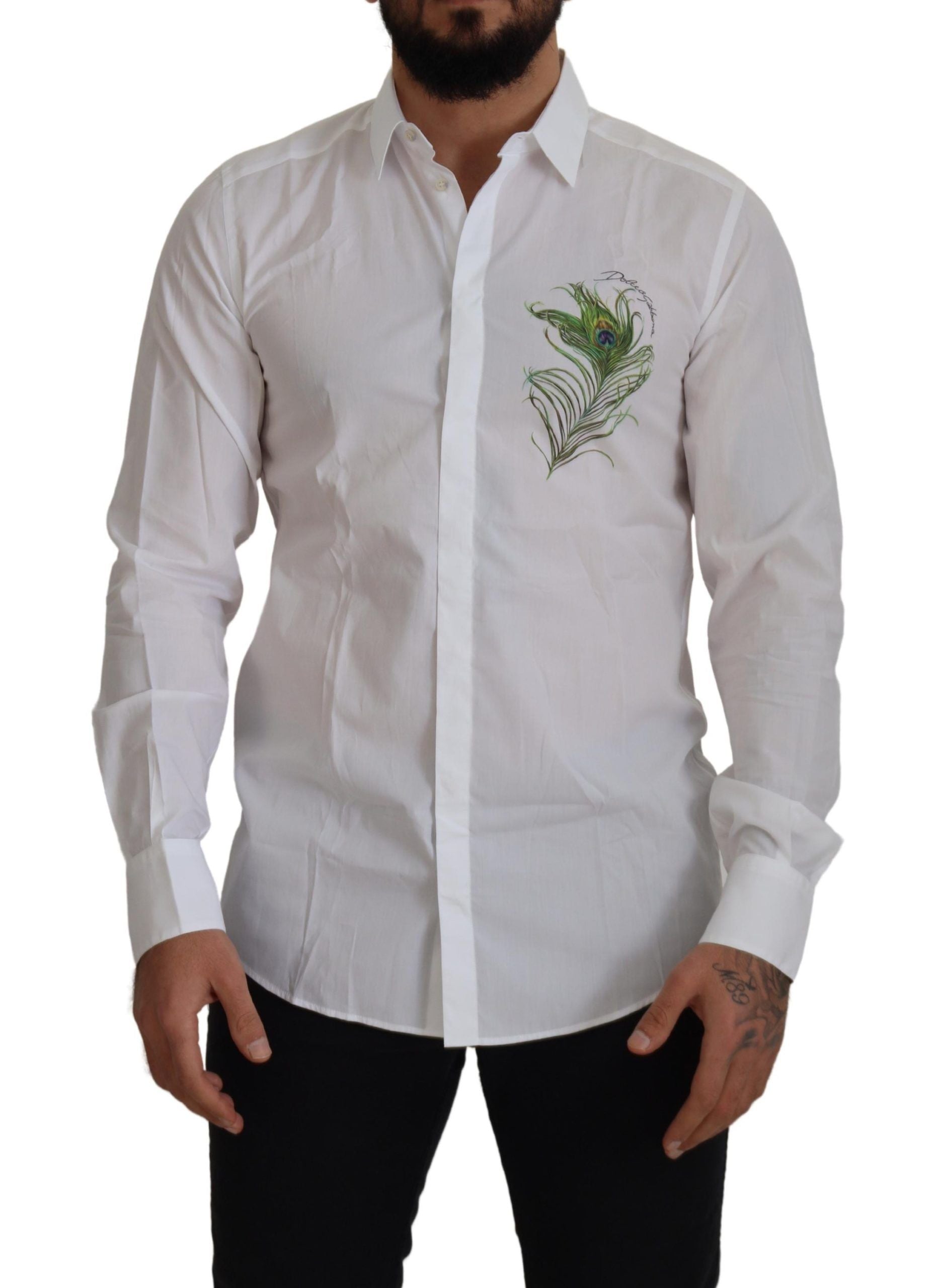 Dolce & Gabbana Weißes Baumwolle Pfauenfeder Formales GOLD Hemd