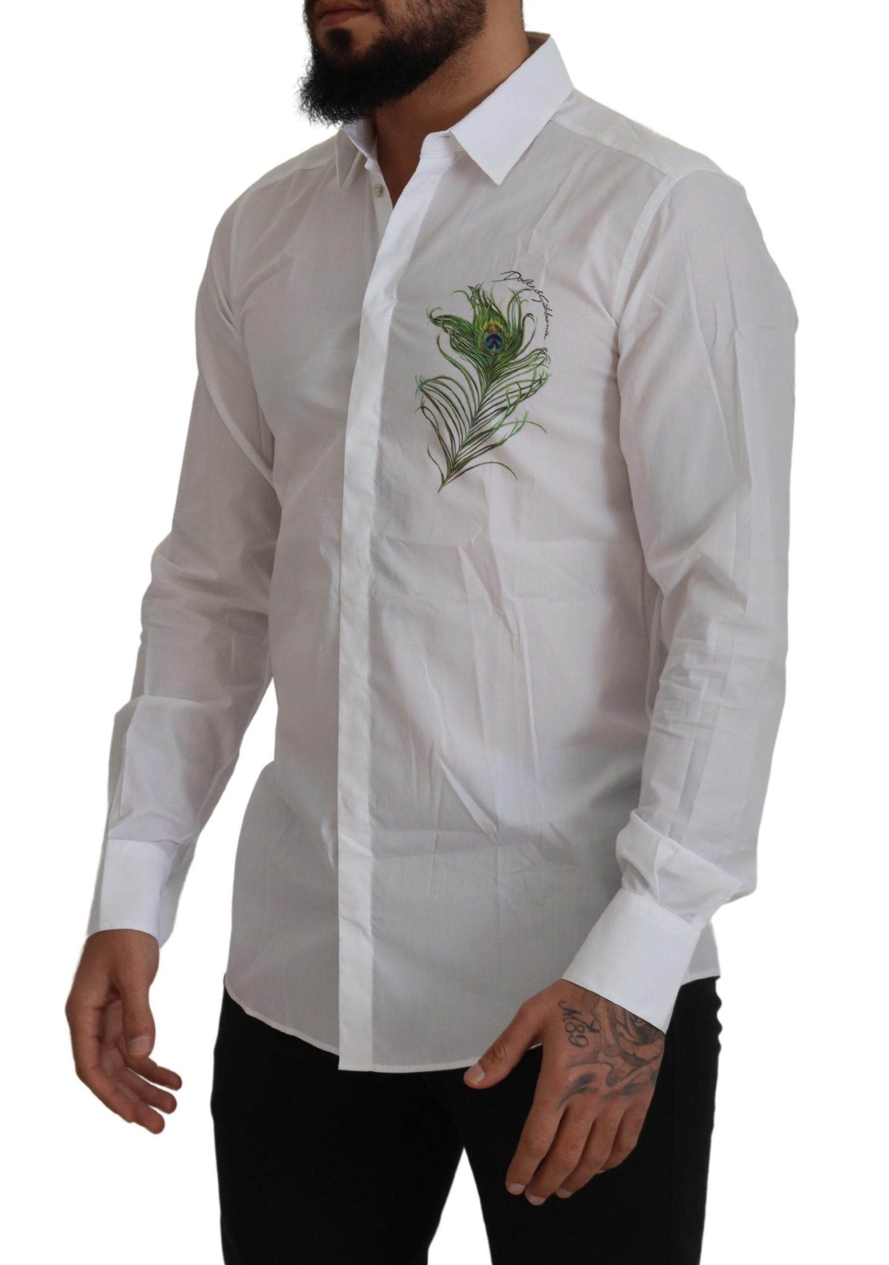 Dolce & Gabbana Weißes Baumwolle Pfauenfeder Formales GOLD Hemd