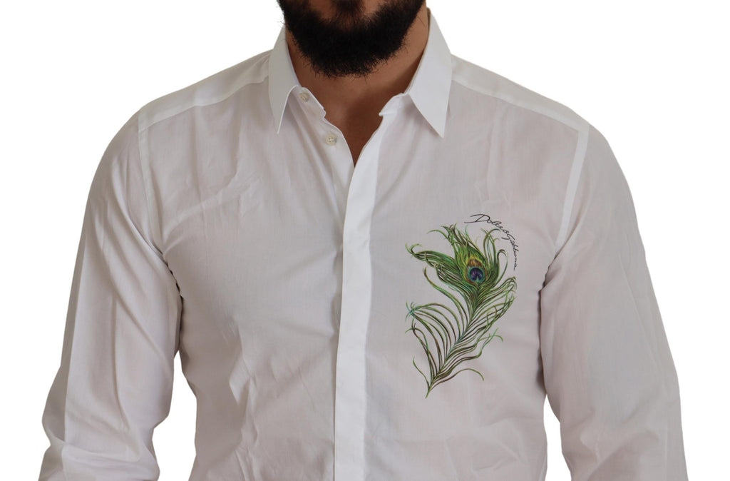 Dolce & Gabbana Weißes Baumwolle Pfauenfeder Formales GOLD Hemd