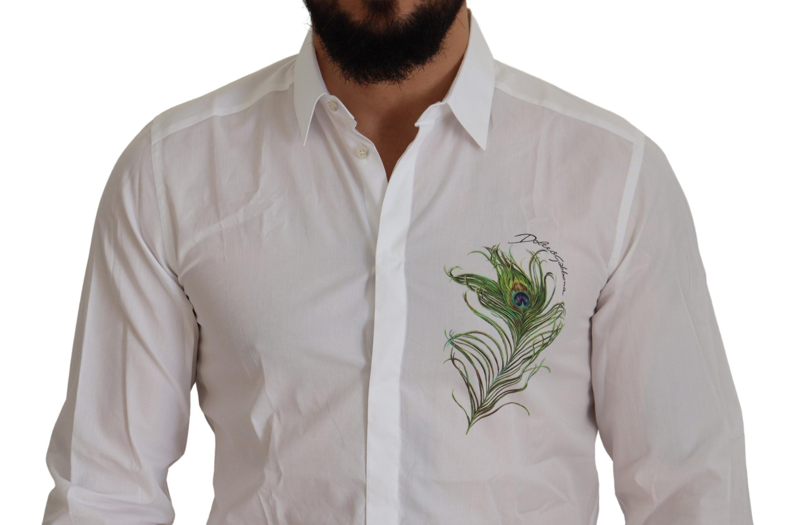 Dolce & Gabbana Weißes Baumwolle Pfauenfeder Formales GOLD Hemd
