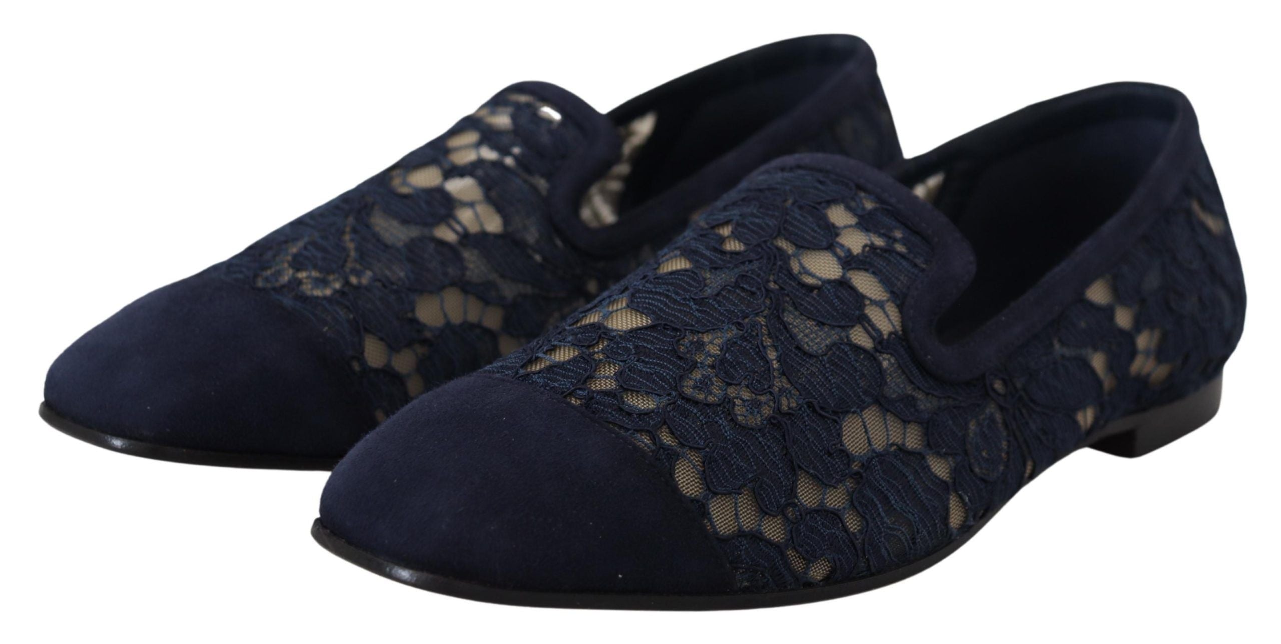 Dolce & Gabbana Blue Floral Lace Slip-On Loafers Flats Shoes