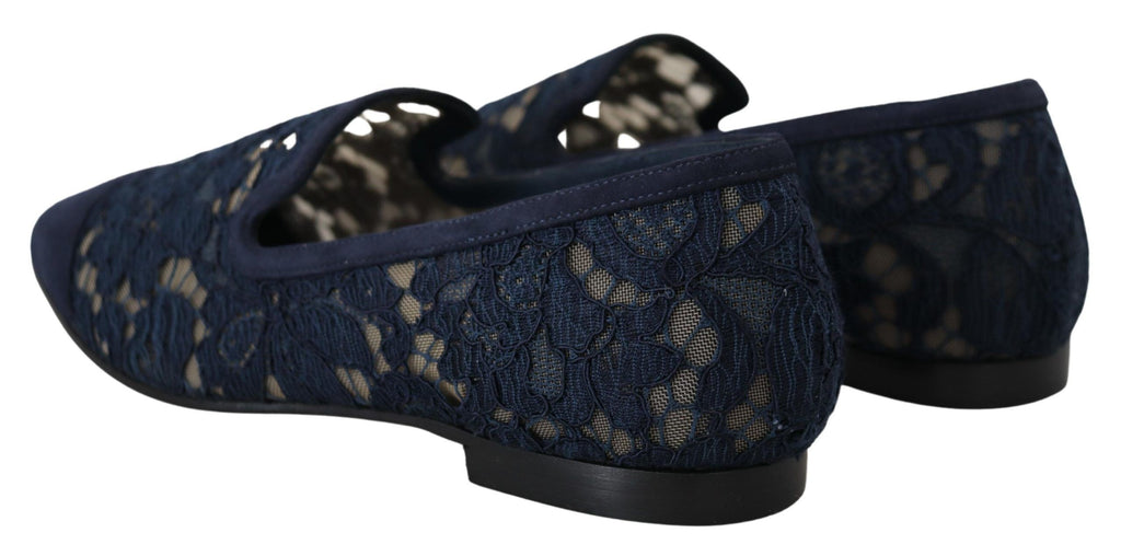Dolce & Gabbana Blue Floral Lace Slip-On Loafers Flats Shoes
