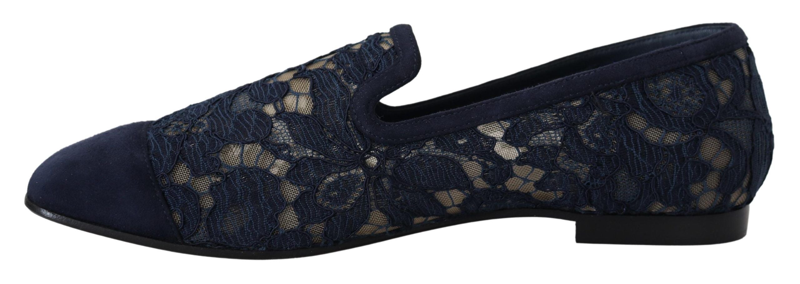 Dolce & Gabbana Blue Floral Lace Slip-On Loafers Flats Shoes