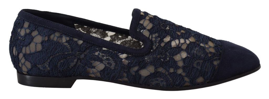Dolce & Gabbana Blue Floral Lace Slip-On Loafers Flats Shoes
