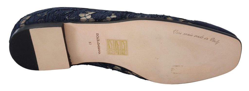 Dolce & Gabbana Blue Floral Lace Slip-On Loafers Flats Shoes