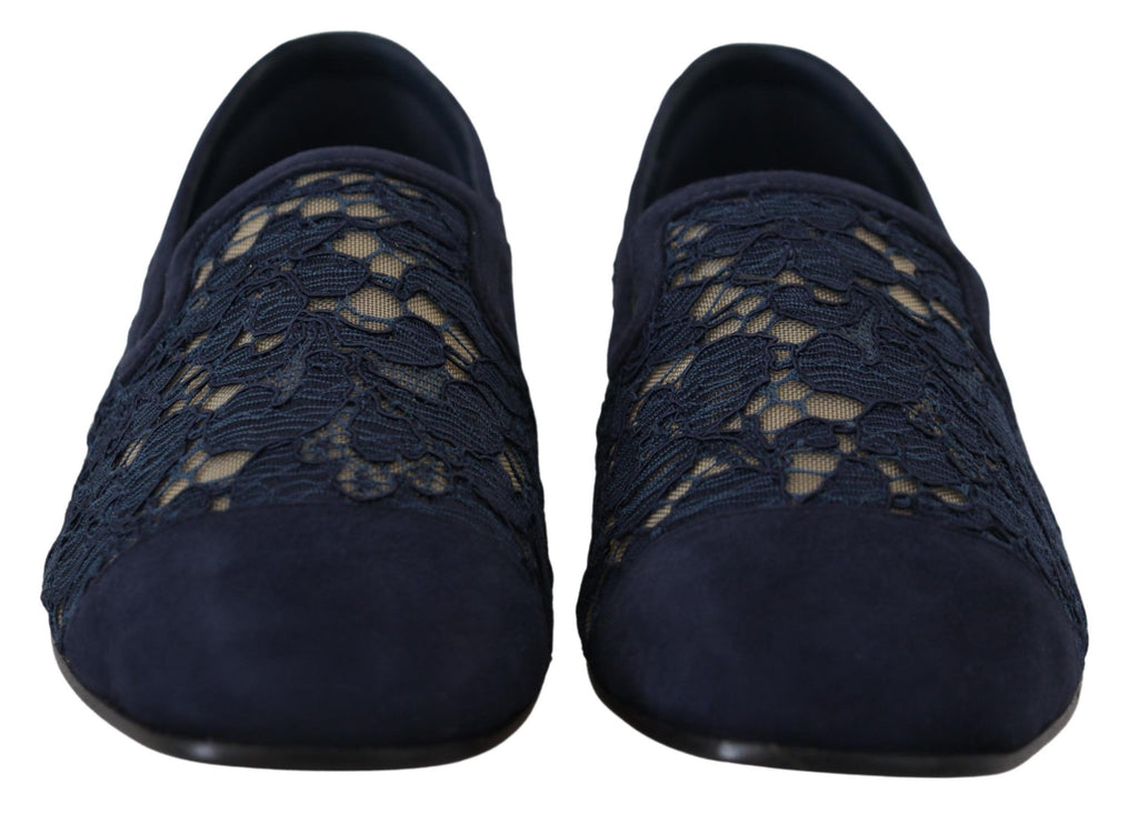 Dolce & Gabbana Blue Floral Lace Slip-On Loafers Flats Shoes