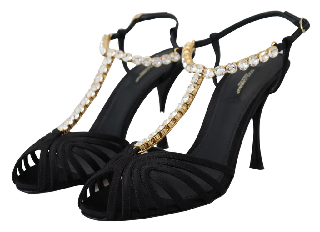 Dolce & Gabbana Black Satin Clear Crystal T-Strap Sandals Shoes
