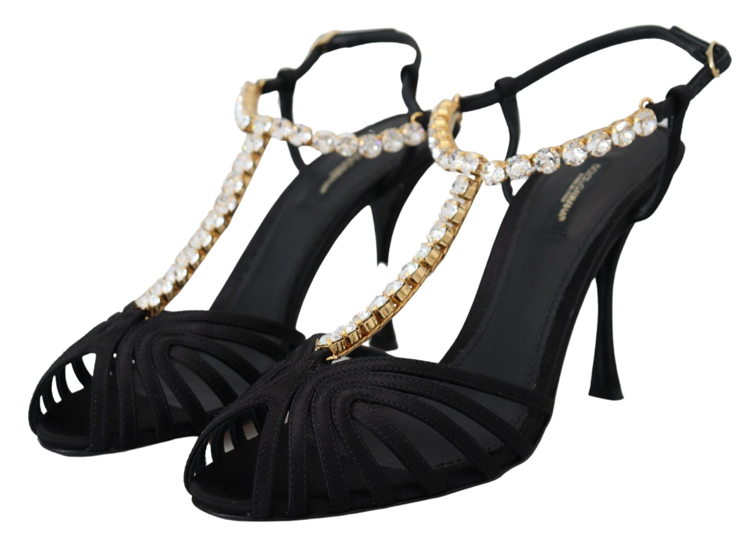 Dolce & Gabbana Black Satin Clear Crystal T-Strap Sandals Shoes