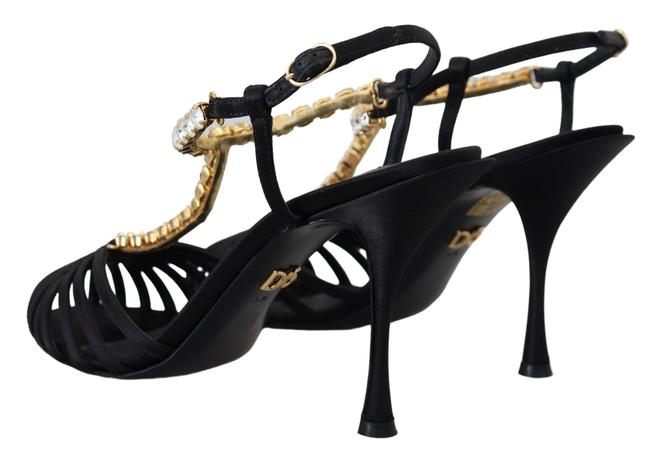 Dolce & Gabbana Black Satin Clear Crystal T-Strap Sandals Shoes