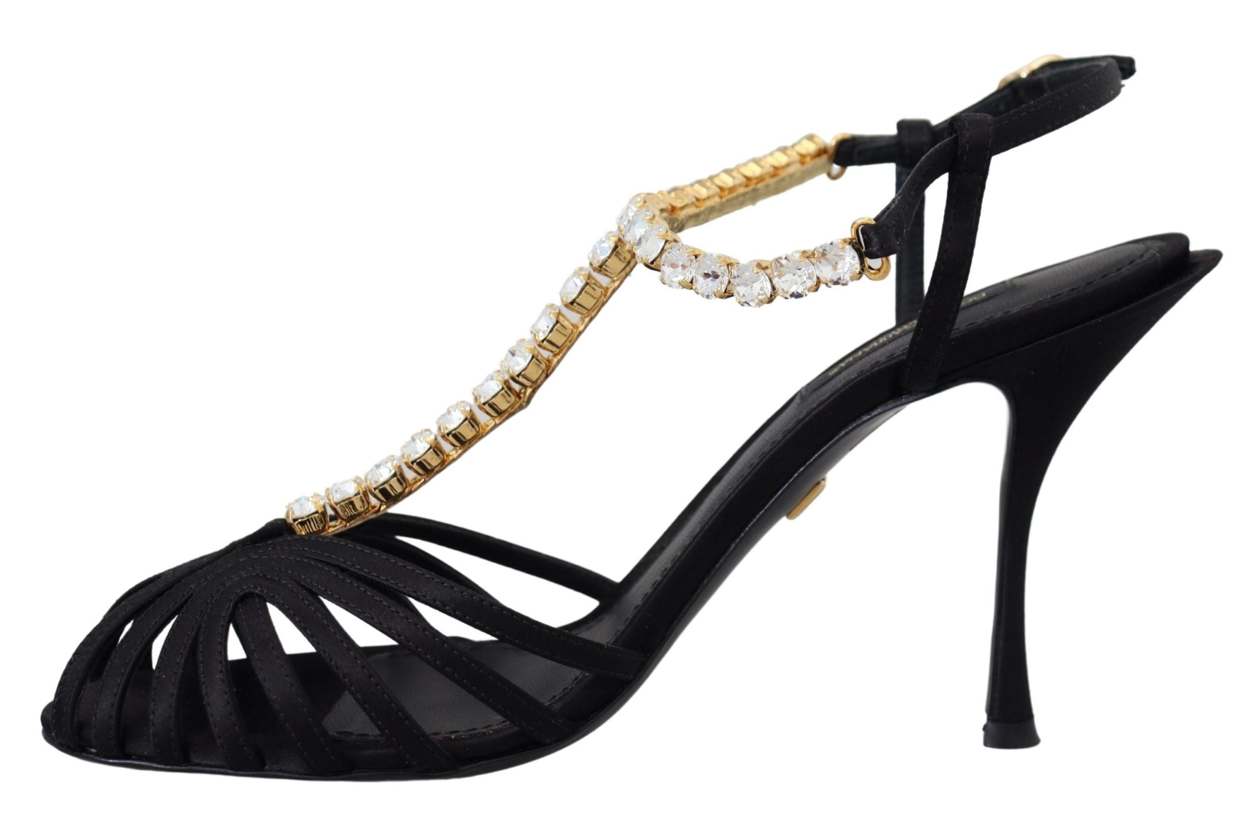 Dolce & Gabbana Black Satin Clear Crystal T-Strap Sandals Shoes
