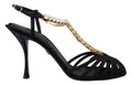 Dolce & Gabbana Black Satin Clear Crystal T-Strap Sandals Shoes