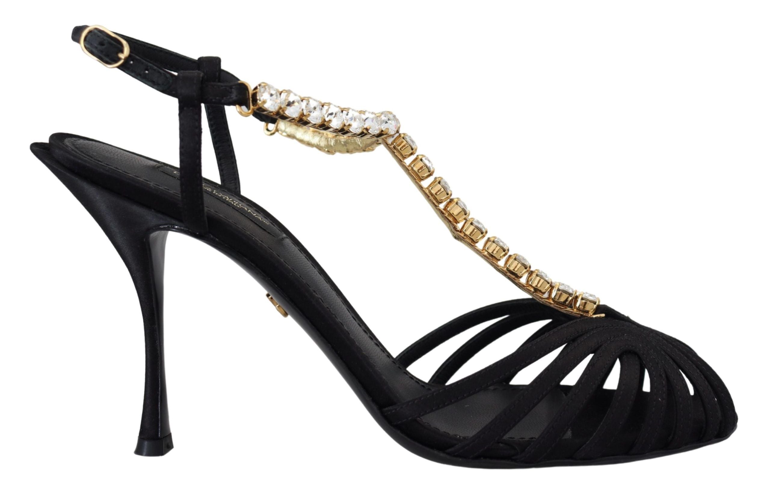 Dolce & Gabbana Black Satin Clear Crystal T-Strap Sandals Shoes