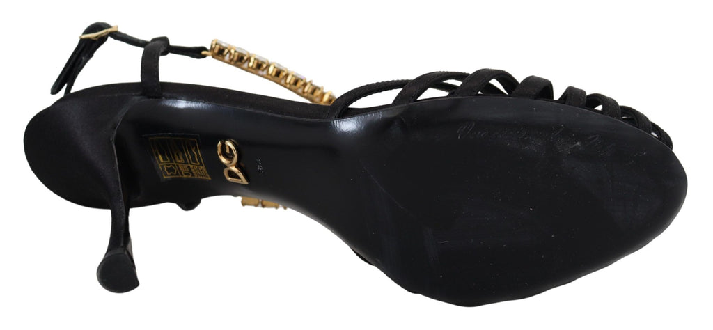 Dolce & Gabbana Black Satin Clear Crystal T-Strap Sandals Shoes