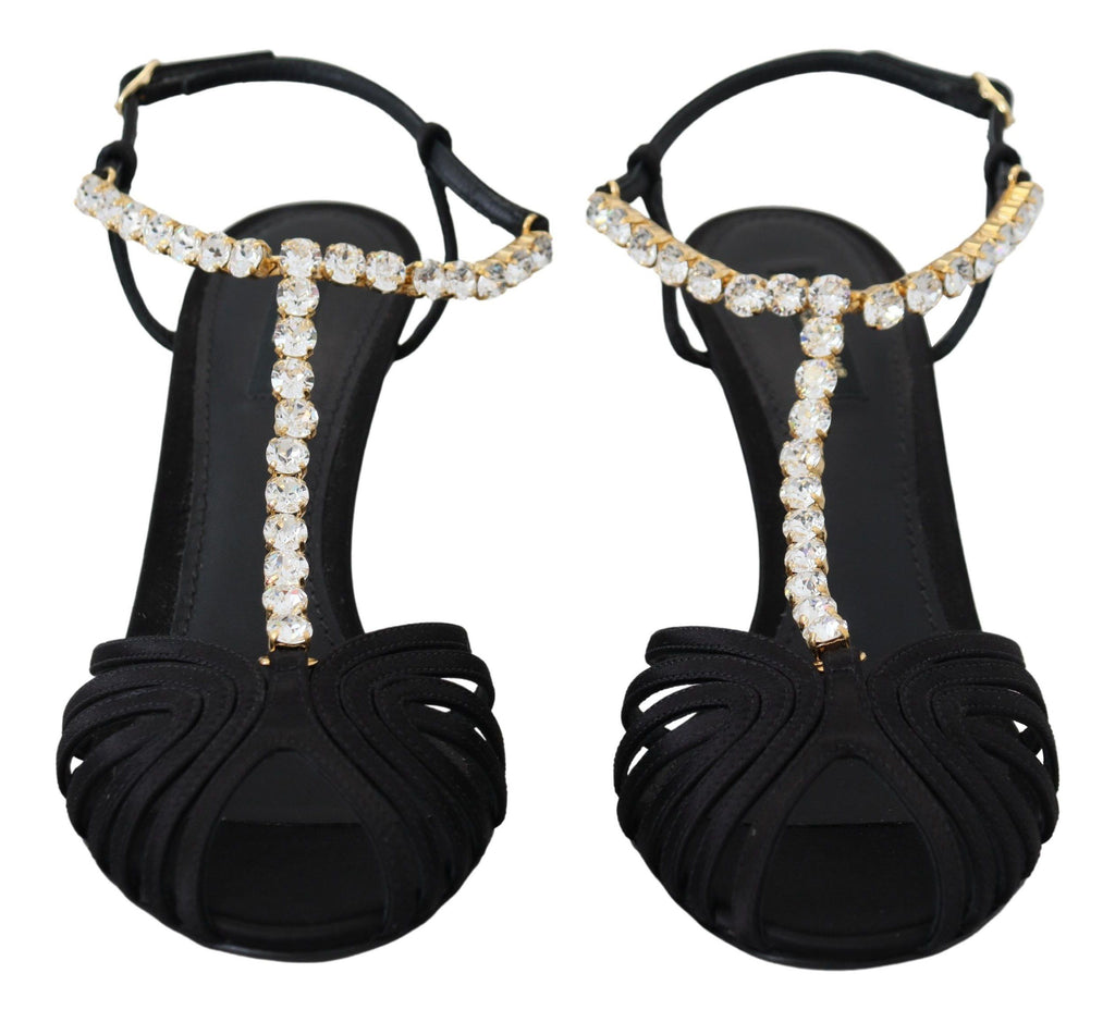 Dolce & Gabbana Black Satin Clear Crystal T-Strap Sandals Shoes