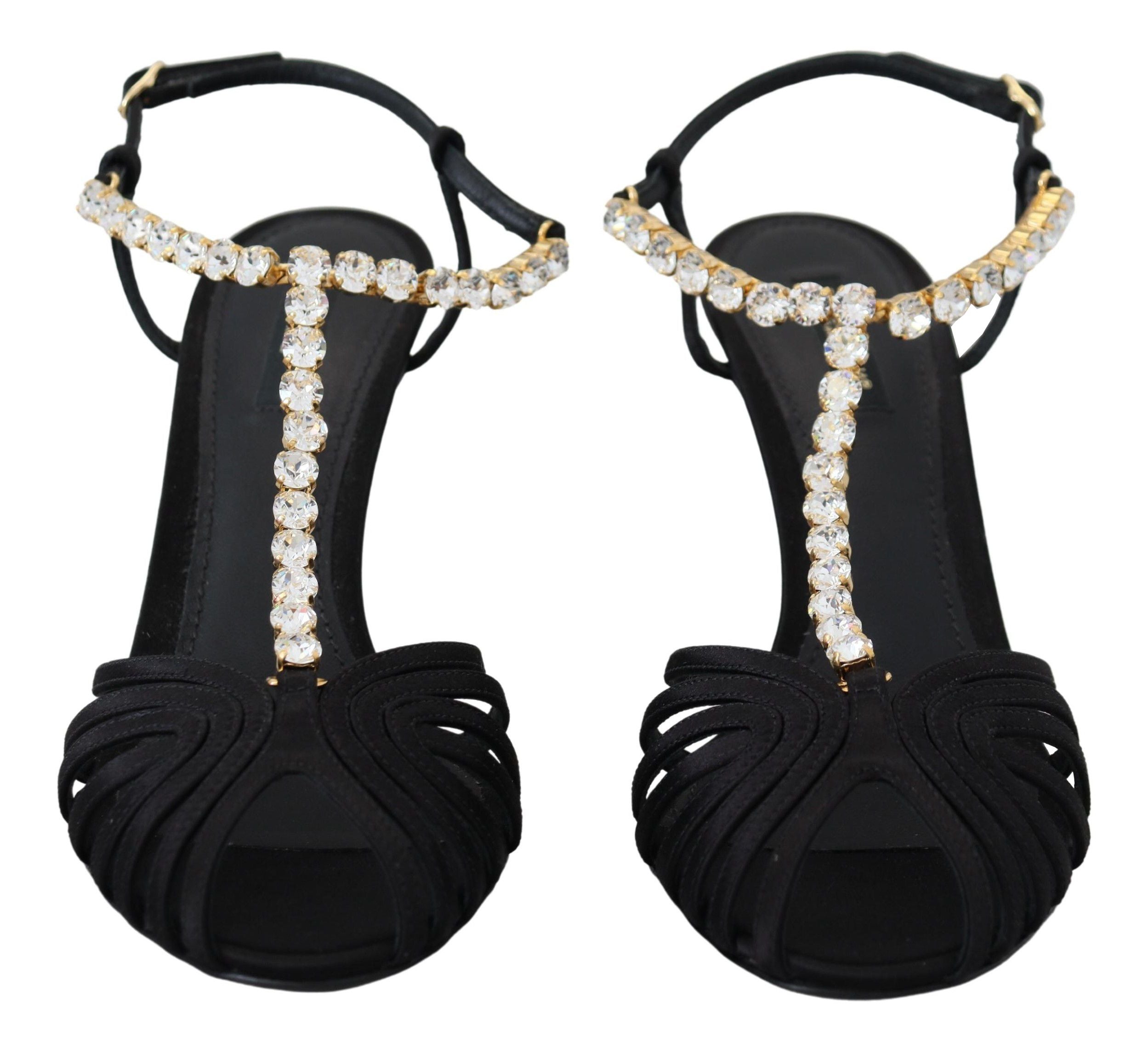 Dolce & Gabbana Black Satin Clear Crystal T-Strap Sandals Shoes