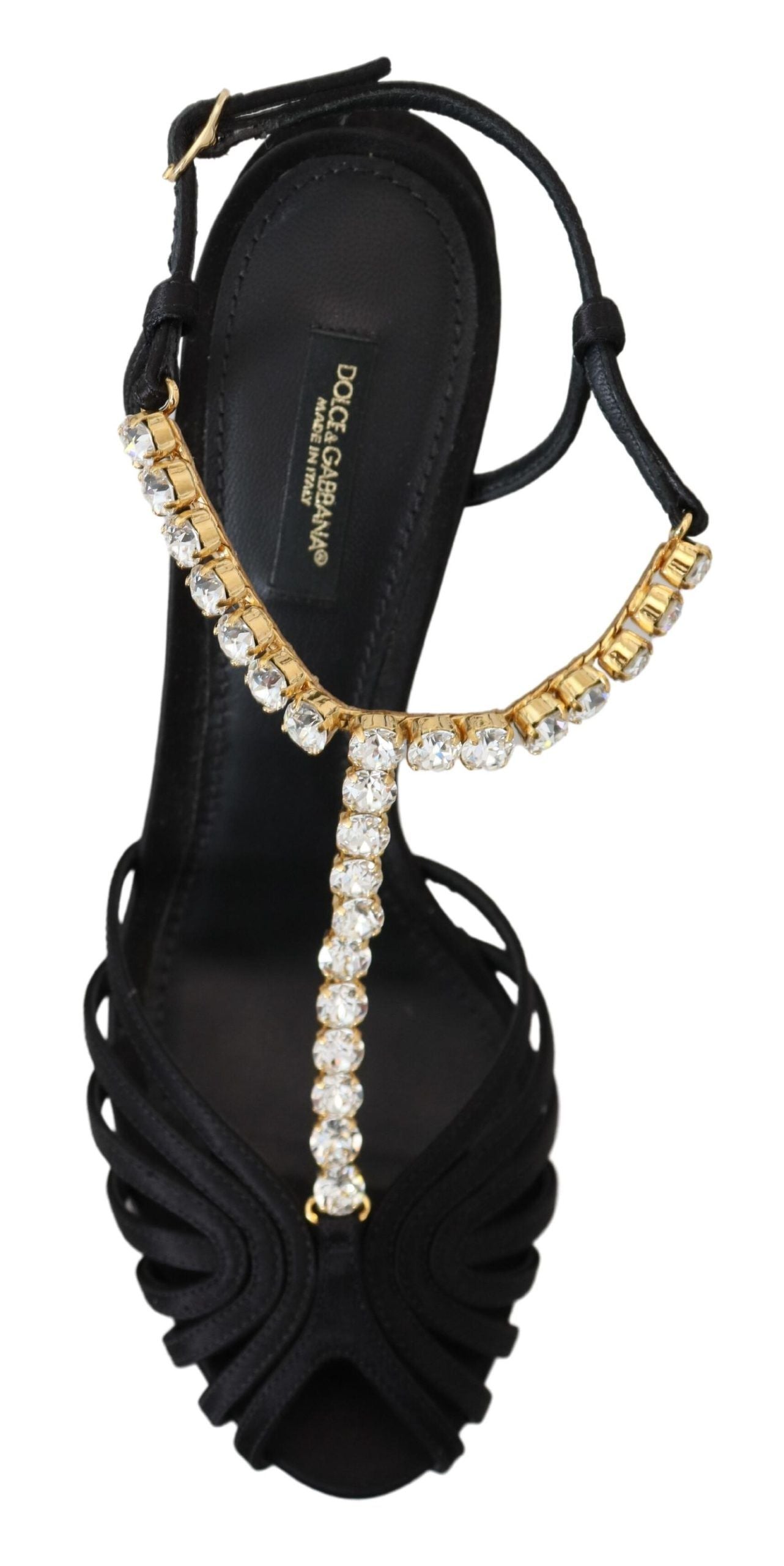 Dolce & Gabbana Black Satin Clear Crystal T-Strap Sandals Shoes